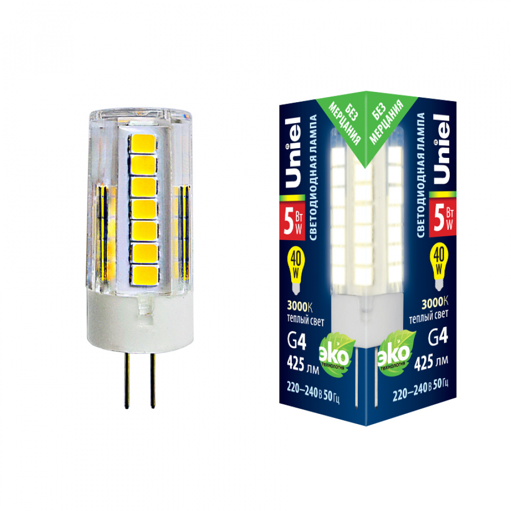 LED-JC-220/5W/3000K/G4/CL GLZ09TR Лампа светодиодная, прозрачная. Теплый белый свет (3000К). Картон.